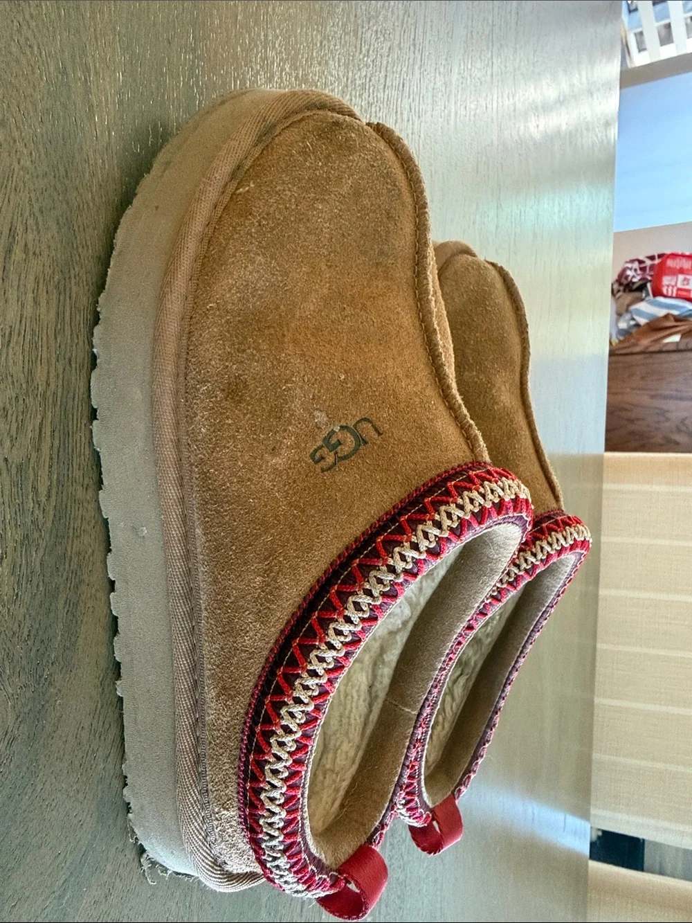 UGG Kids Chestnut Suede Slippers with Red Trim